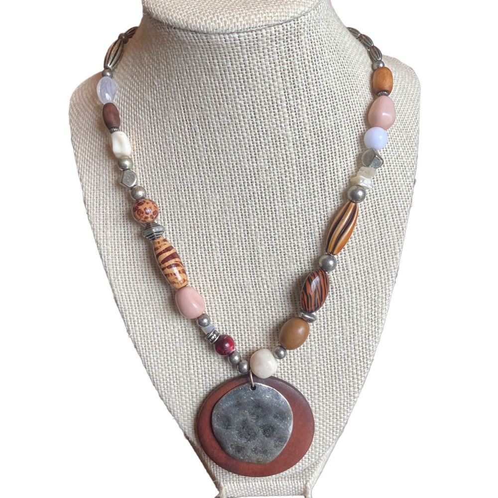 Beaded Asymmetrical Neutral Toned Medallion Necklace